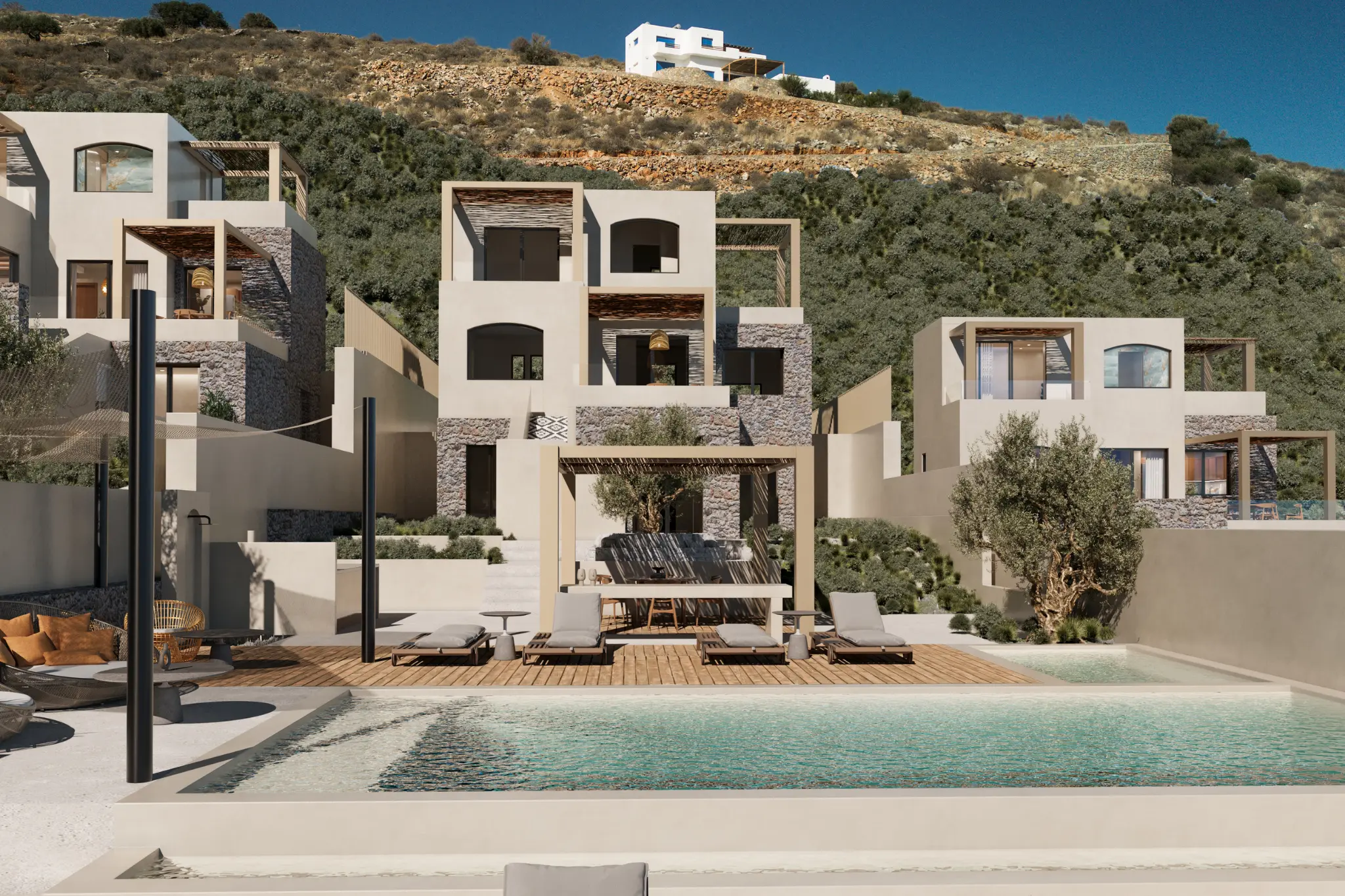 Contemporary villa complex in Elounda with stone façades and pergolas